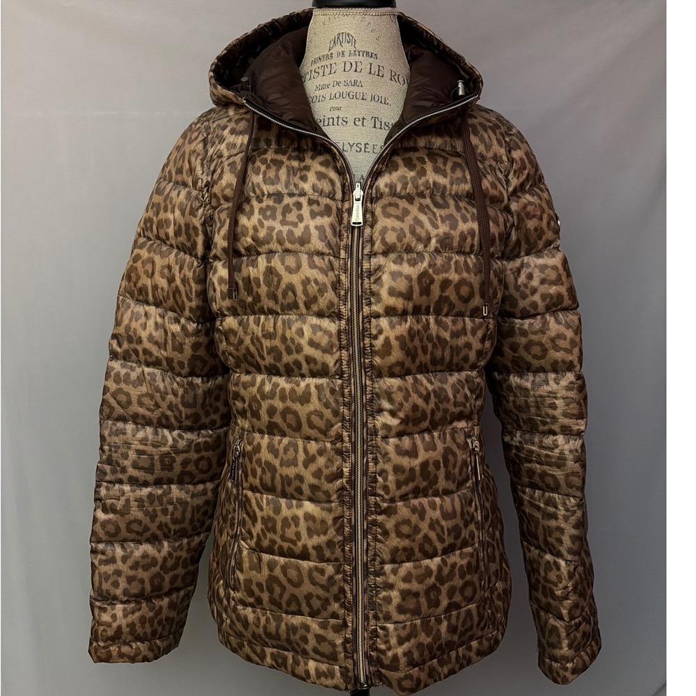 Calvin Klein Reversible Puffer Jacket Leopard Print Brown Hooded Down Coat M